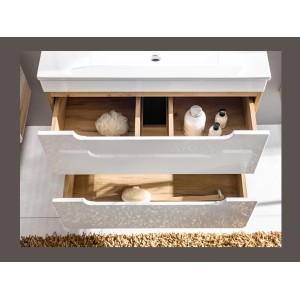 Meuble salle de bain ERBANO – Chêne clair et blanc brillant – 35x35 cm – 1 porte – À suspendre