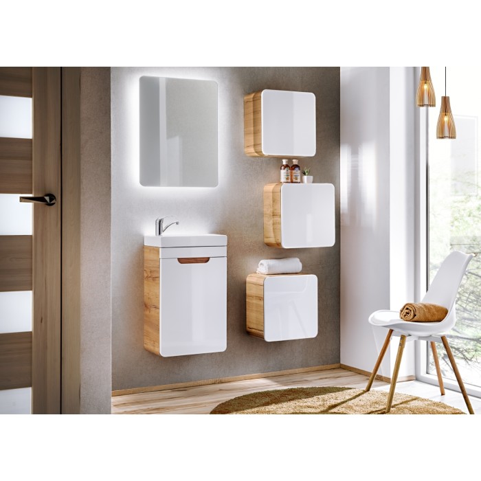Meuble salle de bain ERBANO – Chêne clair et blanc brillant – 35x35 cm – 1 porte – À suspendre