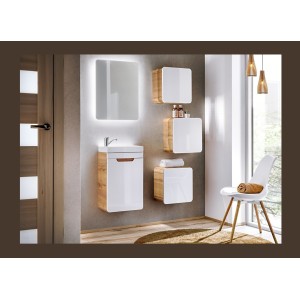 Meuble salle de bain ERBANO – Chêne clair et blanc brillant – 35x35 cm – 1 porte – À suspendre