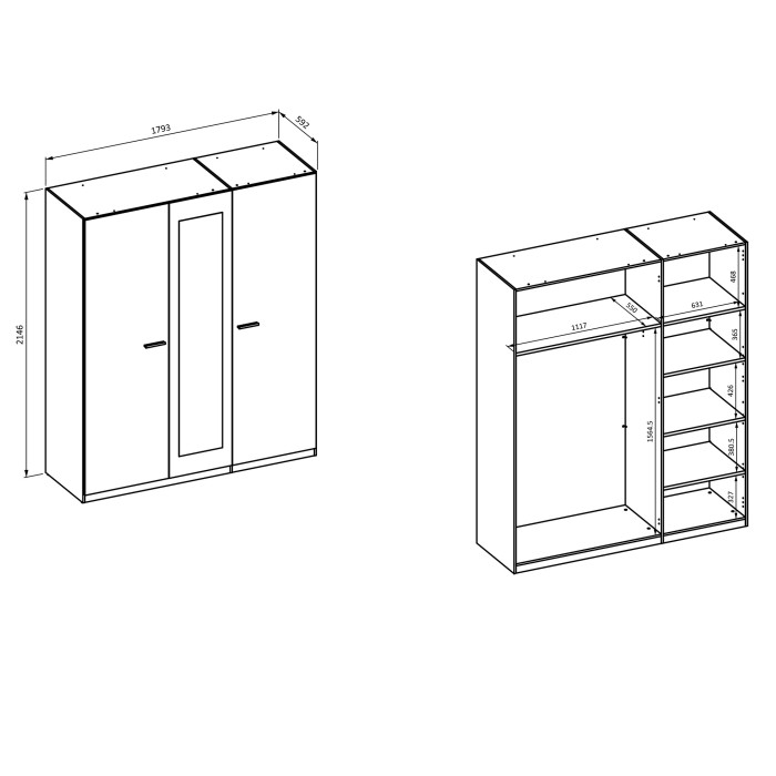 Chambre complète VERTIGO – Lit 160x200 avec sommier, 2 chevets, armoire 3 portes, commode + contour design