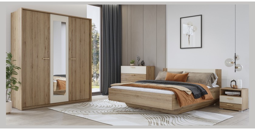 Chambre complète VERTIGO – Lit 180x200 avec sommier, 2 chevets, armoire 3 portes, commode + cadre design
