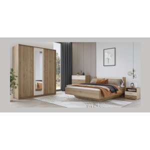 Chambre complète VERTIGO – Lit 180x200 avec sommier, 2 chevets, armoire 3 portes, commode + cadre design