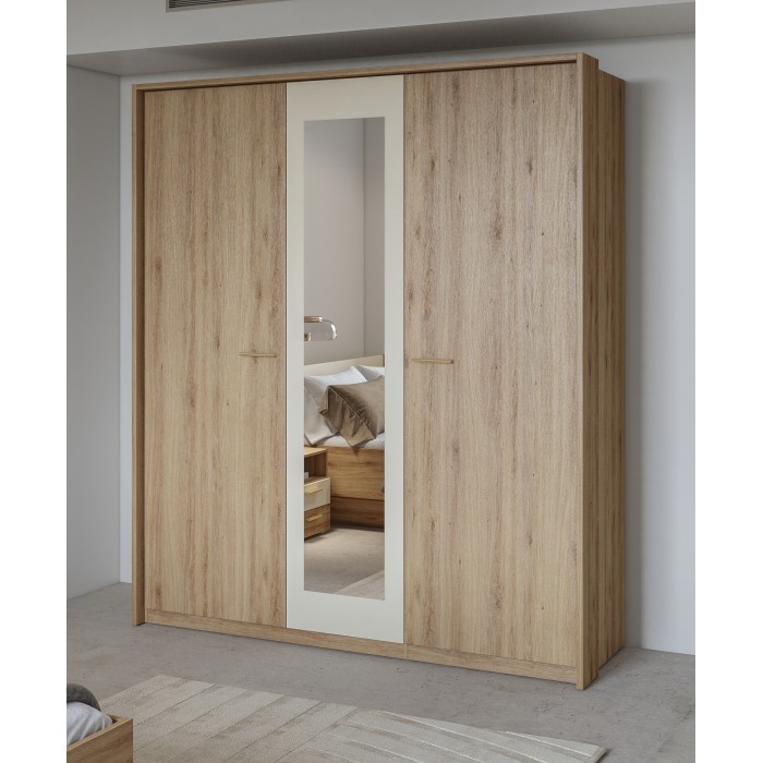 Chambre complète VERTIGO – Lit 180x200 avec sommier, 2 chevets, armoire 3 portes, commode + cadre design
