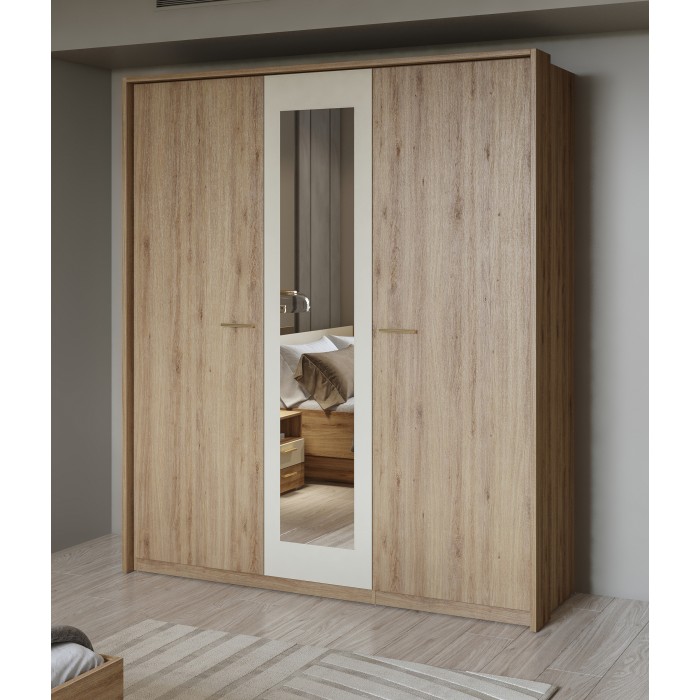 Chambre complète VERTIGO – Lit coffre 160x200, 2 chevets, armoire 3 portes, commode + cadre design