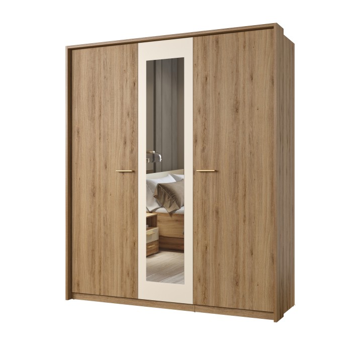 Chambre complète VERTIGO – Lit coffre 160x200, 2 chevets, armoire 3 portes, commode + cadre design