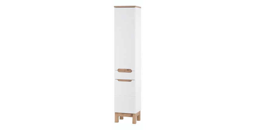 Colonne salle de bain ERMANO – Chêne clair et blanc brillant – 35x187 cm – 2 portes – À poser 