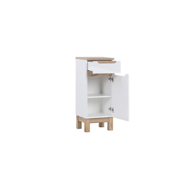 Meuble salle de bain ERMANO – Chêne clair et blanc brillant – 35x86 cm – 1 porte – À poser 