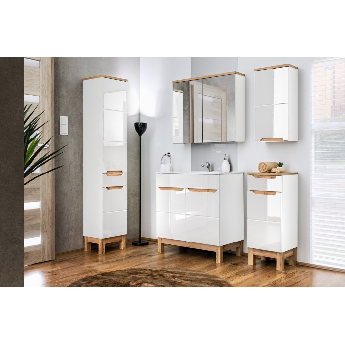 Meuble salle de bain ERMANO – Chêne clair et blanc brillant – 35x86 cm – 1 porte – À poser 