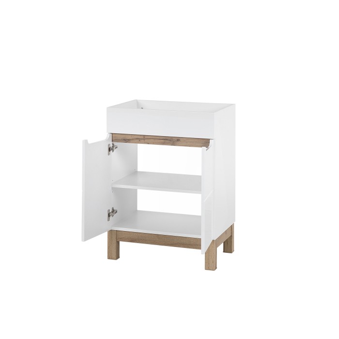 Meuble sous vasque ERMANO – Chêne clair et blanc brillant – 60x84 cm – 1 porte – À poser 