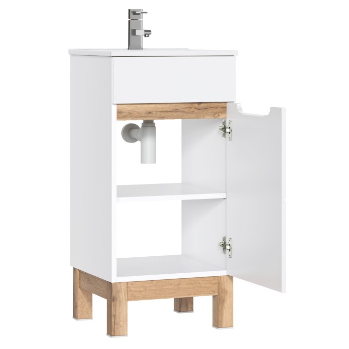 Meuble sous vasque ERMANO – Chêne clair et blanc brillant – 40x84 cm – 1 porte – À poser 