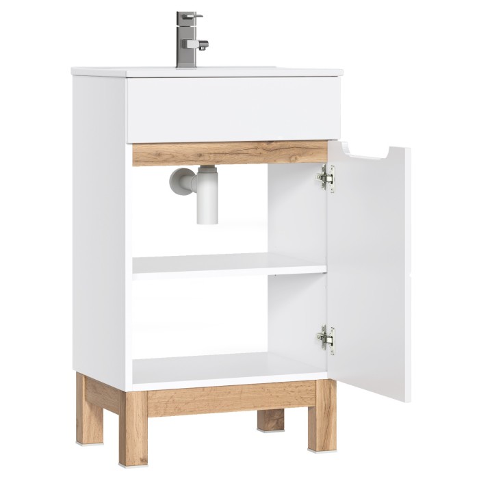 Meuble sous vasque ERMANO – Chêne clair et blanc brillant – 50x84 cm – 1 porte – À poser 