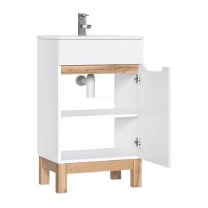 Meuble sous vasque ERMANO – Chêne clair et blanc brillant – 50x84 cm – 1 porte – À poser 