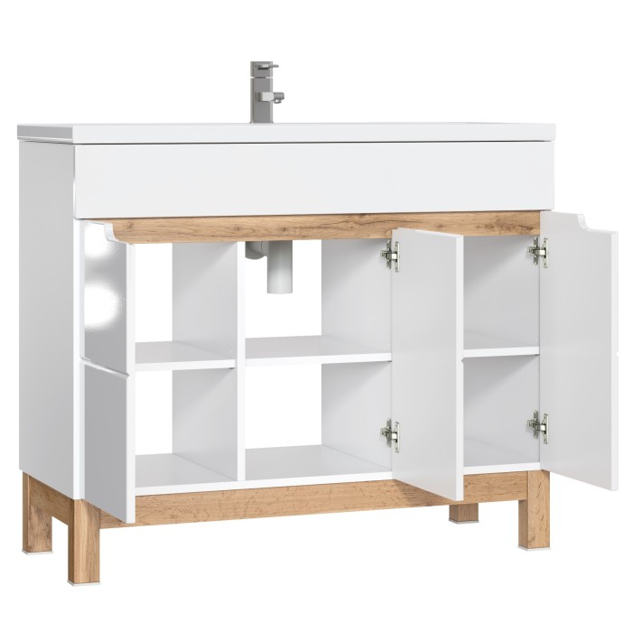 Meuble sous vasque ERMANO – Chêne clair et blanc brillant – 100x84 cm – 3 portes – À poser 