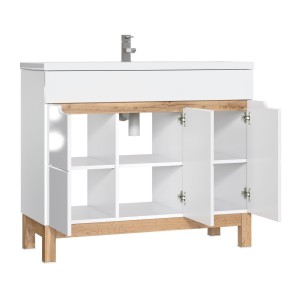 Meuble sous vasque ERMANO – Chêne clair et blanc brillant – 100x84 cm – 3 portes – À poser 