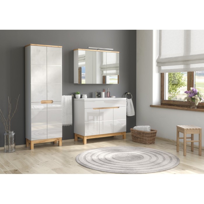 Meuble sous vasque ERMANO – Chêne clair et blanc brillant – 100x84 cm – 3 portes – À poser 