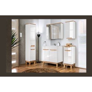 Meuble salle de bain ERMANO – Chêne clair et blanc brillant – 35x70 cm – 1 porte – À suspendre 