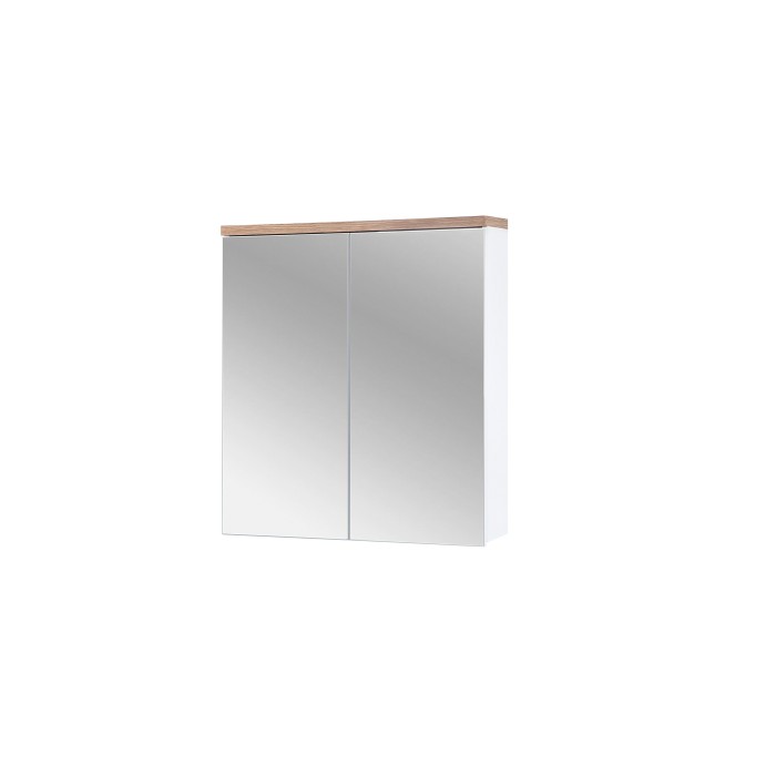 Meuble salle de bain ERMANO – Chêne clair et blanc brillant – 60x70 cm – 2 portes miroir – À suspendre 