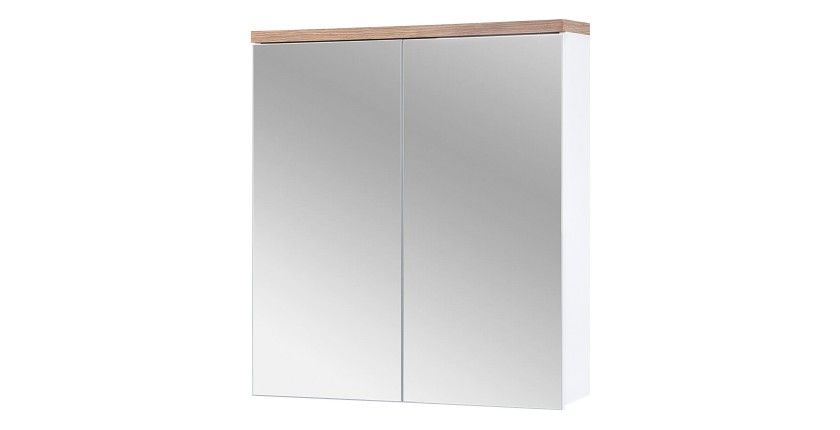 Meuble salle de bain ERMANO – Chêne clair et blanc brillant – 60x70 cm – 2 portes miroir – À suspendre 