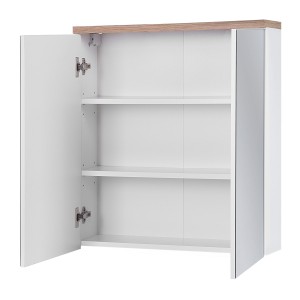 Meuble salle de bain ERMANO – Chêne clair et blanc brillant – 60x70 cm – 2 portes miroir – À suspendre 