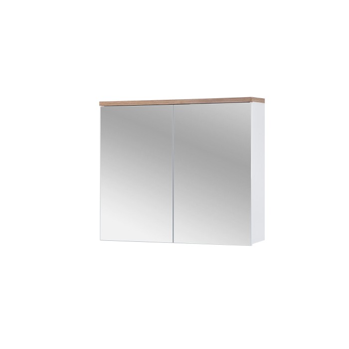 Meuble salle de bain ERMANO – Chêne clair et blanc brillant – 80x70 cm – 2 portes miroir – À suspendre 