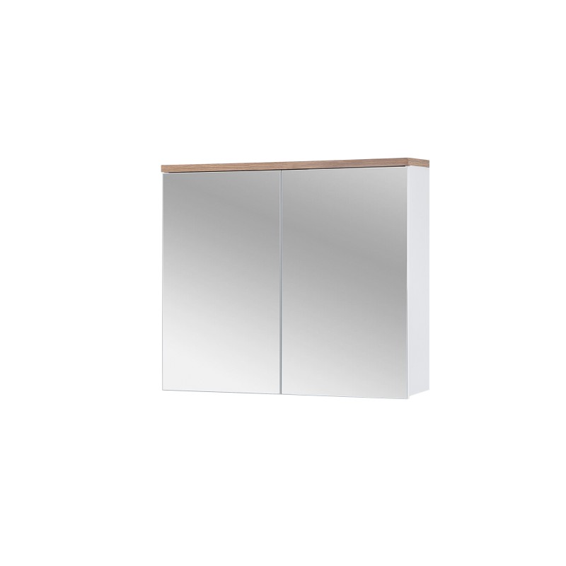 Meuble salle de bain ERMANO – Chêne clair et blanc brillant – 80x70 cm – 2 portes miroir – À suspendre 