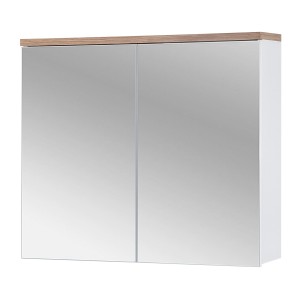Meuble salle de bain ERMANO – Chêne clair et blanc brillant – 80x70 cm – 2 portes miroir – À suspendre 