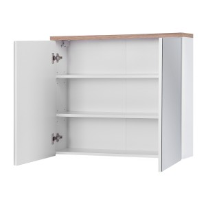 Meuble salle de bain ERMANO – Chêne clair et blanc brillant – 80x70 cm – 2 portes miroir – À suspendre 