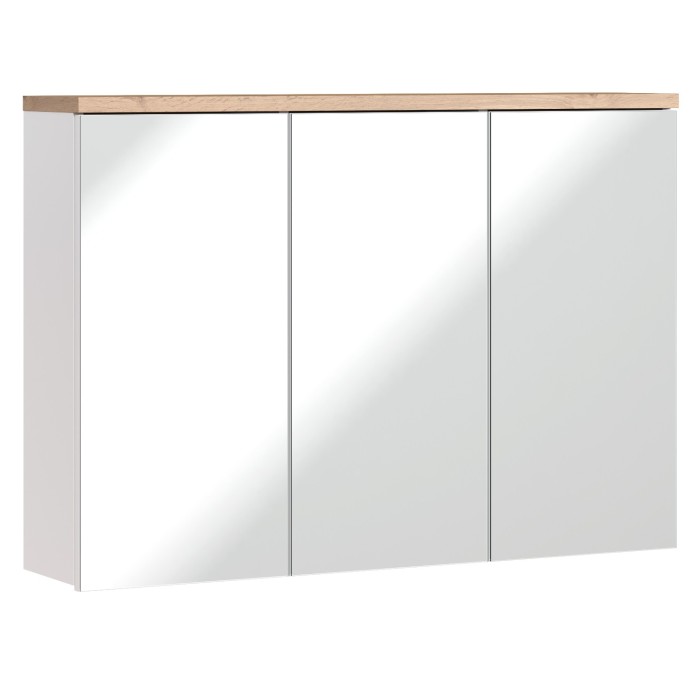 Meuble salle de bain ERMANO – Chêne clair et blanc brillant – 100x69 cm – 3 portes miroir – À suspendre 