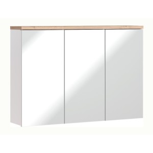 Meuble salle de bain ERMANO – Chêne clair et blanc brillant – 100x69 cm – 3 portes miroir – À suspendre 