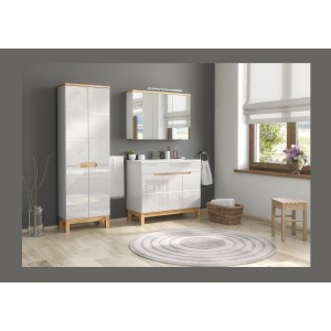 Meuble salle de bain ERMANO – Chêne clair et blanc brillant – 100x69 cm – 3 portes miroir – À suspendre 