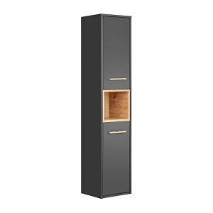 Colonne de salle de bain TALOKA – 2 portes – Gris anthracite et chêne clair – 170 cm – À suspendre 