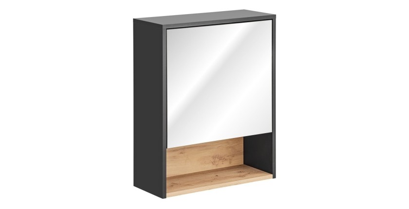 Meuble haut de salle de bain TALOKA – 1 porte miroir – Gris anthracite et chêne clair – L60 cm – Suspendu 