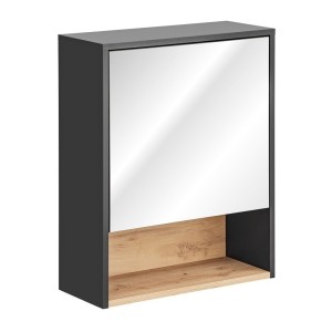 Meuble haut de salle de bain TALOKA – 1 porte miroir – Gris anthracite et chêne clair – L60 cm – Suspendu 