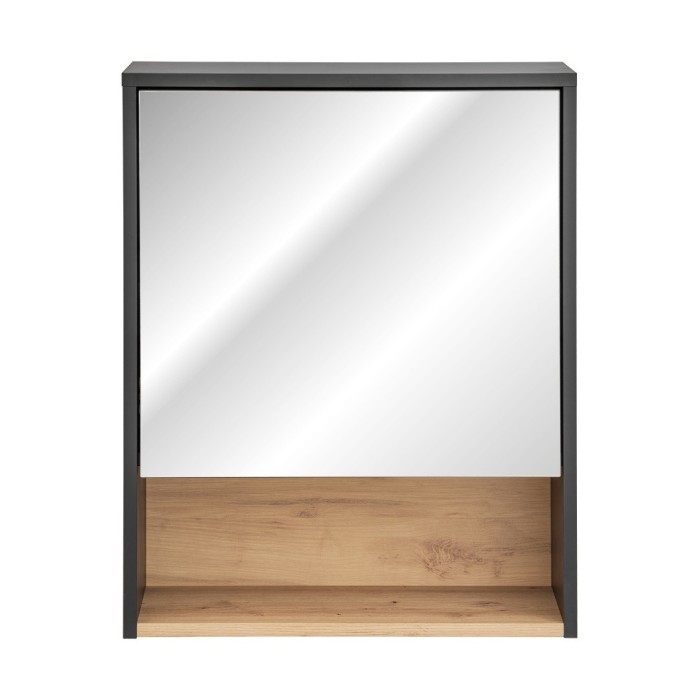 Meuble haut de salle de bain TALOKA – 1 porte miroir – Gris anthracite et chêne clair – L60 cm – Suspendu 