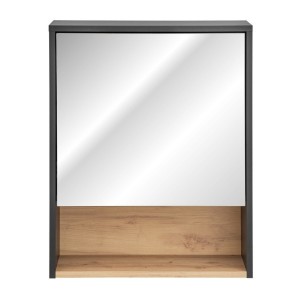 Meuble haut de salle de bain TALOKA – 1 porte miroir – Gris anthracite et chêne clair – L60 cm – Suspendu 