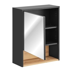 Meuble haut de salle de bain TALOKA – 1 porte miroir – Gris anthracite et chêne clair – L60 cm – Suspendu 