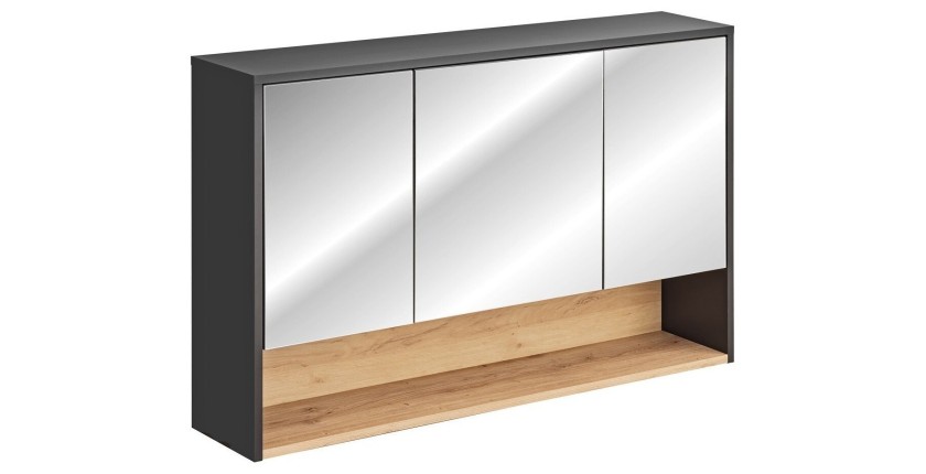 Meuble haut de salle de bain TALOKA – 3 portes miroir – Gris anthracite et chêne clair – L120 cm – Suspendu 