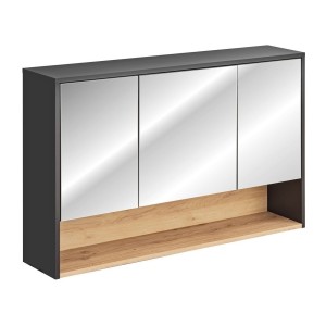 Meuble haut de salle de bain TALOKA – 3 portes miroir – Gris anthracite et chêne clair – L120 cm – Suspendu 