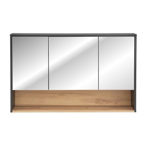 Meuble haut de salle de bain TALOKA – 3 portes miroir – Gris anthracite et chêne clair – L120 cm – Suspendu 