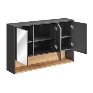 Meuble haut de salle de bain TALOKA – 3 portes miroir – Gris anthracite et chêne clair – L120 cm – Suspendu 