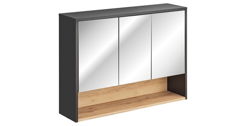 Meuble haut de salle de bain TALOKA – 3 portes miroir – Gris anthracite et chêne clair – L100 cm – Suspendu 