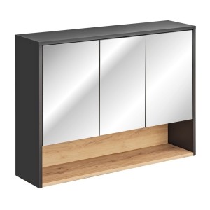 Meuble haut de salle de bain TALOKA – 3 portes miroir – Gris anthracite et chêne clair – L100 cm – Suspendu 