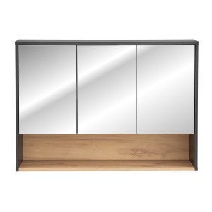 Meuble haut de salle de bain TALOKA – 3 portes miroir – Gris anthracite et chêne clair – L100 cm – Suspendu 