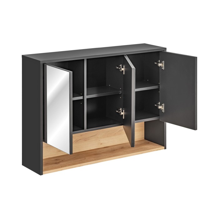 Meuble haut de salle de bain TALOKA – 3 portes miroir – Gris anthracite et chêne clair – L100 cm – Suspendu 