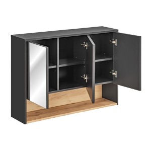 Meuble haut de salle de bain TALOKA – 3 portes miroir – Gris anthracite et chêne clair – L100 cm – Suspendu 