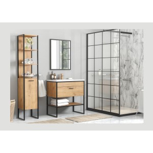 Colonne de salle de bain ONIL – 1 porte – Chêne clair et noir – 185 cm – À suspendre 