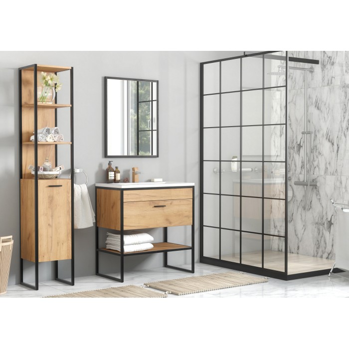 Meuble sous vasque ONIL – 2 portes – Chêne clair et noir – 80 cm – À suspendre 