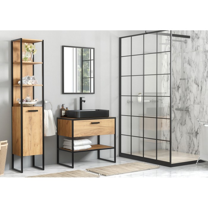 Meuble sous vasque ONIL – 2 portes – Chêne clair et noir – 90 cm – À suspendre 