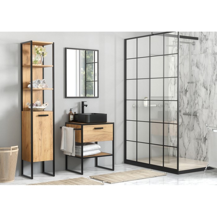 Meuble sous vasque ONIL – 2 portes – Chêne clair et noir – Style industriel – L70 cm 
