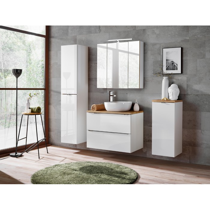 Colonne salle de bain NALYA 170 cm – Blanc brillant et chêne clair – Meuble suspendu
